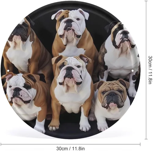 Vista 2 de Circular Metal Wall Art Iron Wall Hanging - English Bulldogs Vintage Industrial Tin Sign with Pre-Drilled Holes, Retro Round Metal Art for Bar