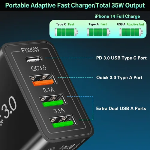 Vista 2 de [Paquete de 4] Cargador de pared USB-C, adaptador de corriente rápido 3.0+PD 3.0 de 35 W y 4 puertos