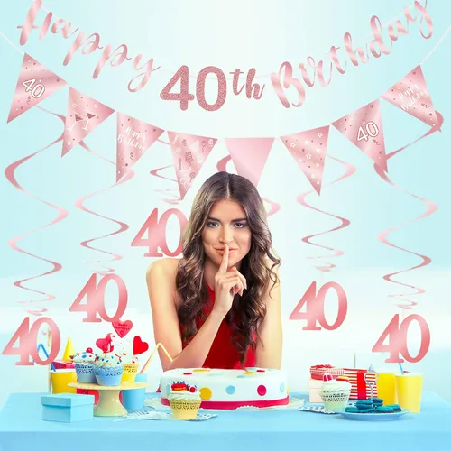 Vista 4 de Decoración de cumpleaños número 40 de oro rosa para niñas, pancarta de feliz cumpleaños 40, remolinos de banderines, pancarta de bandera triangular