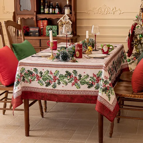 Vista 2 de Softalker Mantel Cuadrado de Jacquard Navideño, Mantel Impermeable Vintage de Invierno con Acebo, Cubierta de Mesa de Tela Estilo Granja Navideña