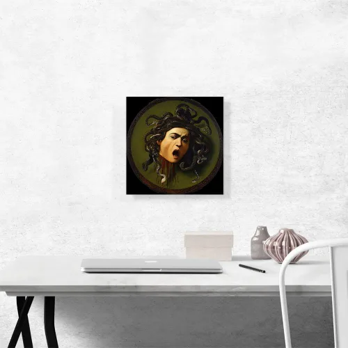 Vista 2 de ARTCANVAS Medusa Shield 1597 - Lienzo decorativo con fondo negro y marco estirado, póster con imagen giclée, decoración de pared, 12 x 12 pulgadas