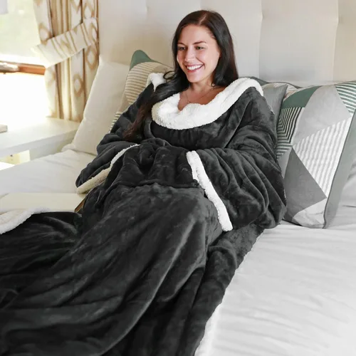 Vista 2 de Catalonia - Manta de forro polar tipo sherpa con mangas, súper suave, cálida y cómoda, de gran tamaño, de forro polar y microplush, con mangas