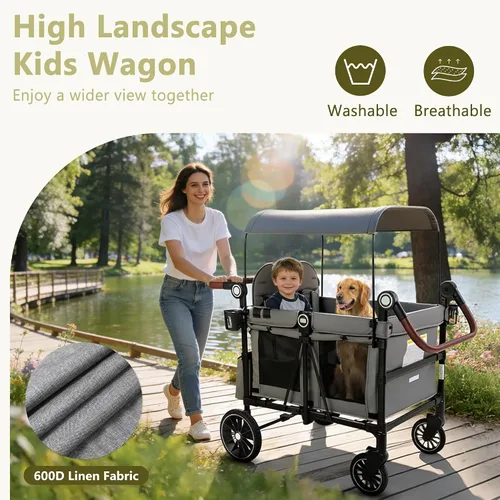 Vista 3 de Kinder King Cochecito Wagon para 4 niños, mango ajustable, gris