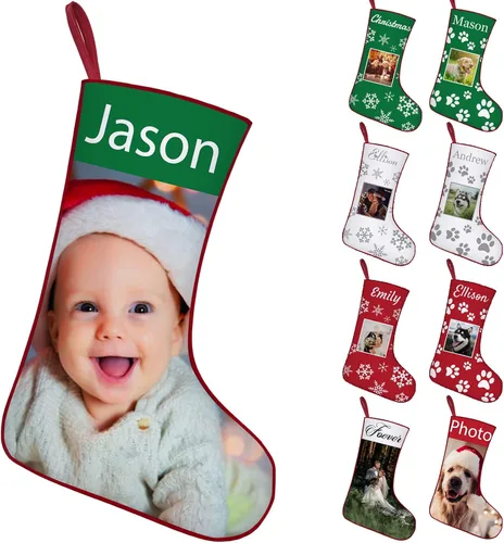 Vista 9 de Calcetines de Navidad personalizados con foto de nombre, imagen de perros y mascotas, patas de perro, calcetines de Navidad, decoración colgante