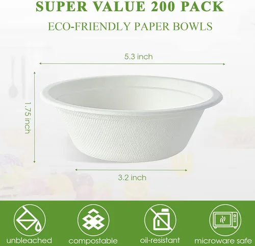 Vista 3 de Vplus Paquete de 200 cuencos de papel de 12 onzas, cuencos desechables compostables a granel, cuencos de bagazo ecológicos, cuencos resistentes