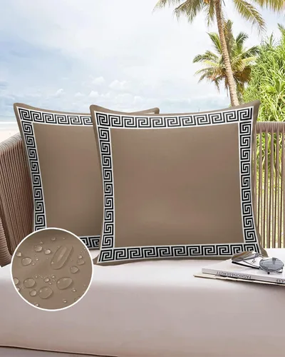 Vista 15 de Fundas de almohada modernas geométricas impermeables para exteriores, diseño abstracto de clave griega, color negro, blanco, fundas de cojín Beige