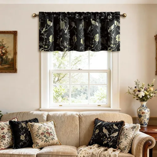 Vista 44 de VOGOL Cortinas de cenefa de jacquard dorado con diseño de flores de lujo para dormitorio, sala de estar, comedor, 52 x 14 pulgadas, 1 panel, negro