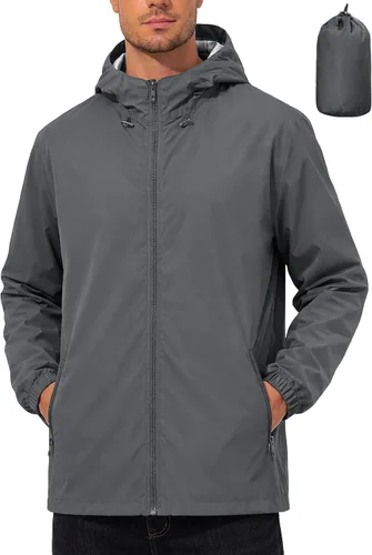Vista 7 de UIQUR Chaqueta impermeable para hombre, ligera, rompevientos, impermeable, ciclismo, correr, senderismo, equipamiento con capucha plegable