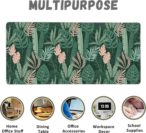 Vista 7 de Alfombrilla de mouse extendida para juegos con hojas tropicales abstractas, con bordes cosidos, base de goma antideslizante, alfombrilla de mouse
