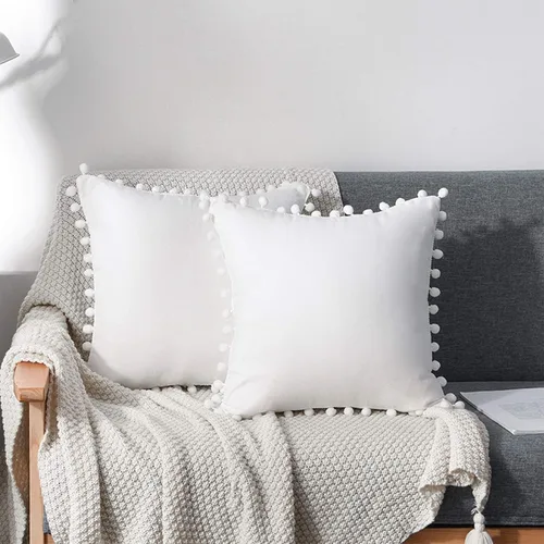 Vista 7 de Juego de 2 fundas de almohada decorativas con bonito pompones, funda de cojín cuadrada suave para decoración del hogar para sofá, cama