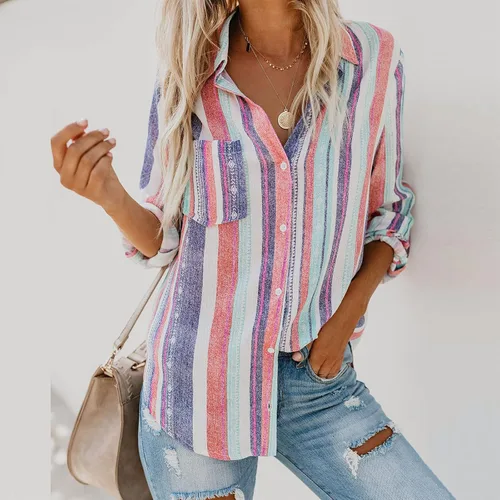 Vista 2 de Women's Striped Button Up Blouse Trendy Business Tops Dressy Soft Cotton Linen Tops Casual Long Sleeve Tops Fall Shirt