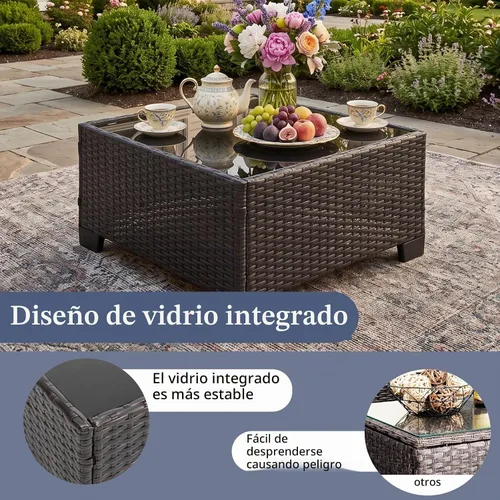 Vista 7 de ANJ Juego de muebles de mimbre para patio de 3 piezas, sofá modular de dos plazas con mesa de centro de cristal, juego de sofá de conversación