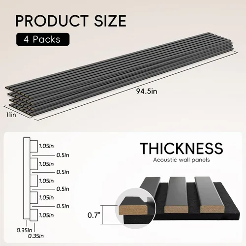 Vista 2 de EVERECO Paquete de 4 paneles de madera de 94.5 x 11 pulgadas para pared, paneles acústicos insonorizados de pared, paneles de pared 3D para Negro