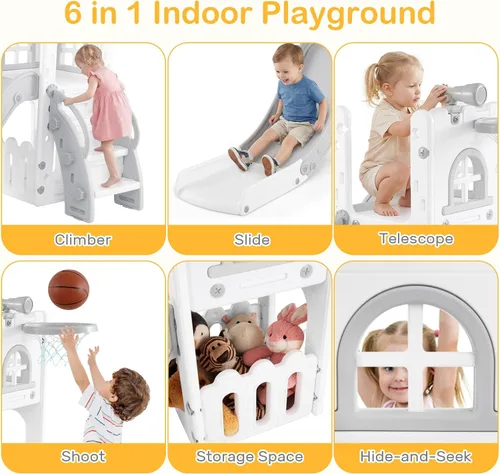 Vista 3 de OLAKIDS Tobogán para niños pequeños, 6 en 1 para interiores y exteriores, con aro de baloncesto, telescopio, almacenamiento de juguetes para niños
