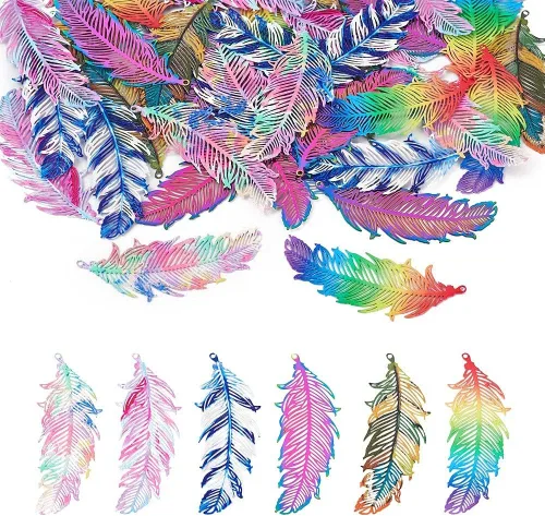Vista 22 de FASHEWELRY 50 piezas de conectores de filigrana de mariposa de acero inoxidable, adornos de metal grabados con arco iris para fabricación de joyas