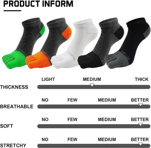 Vista 6 de CaiDieNu Toe Socks for Men Five Finger Cotton Athletic Crew Socks No Show Breathable Running Ankle Socks 5 Pairs Size 8-12