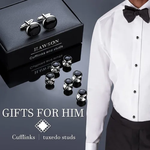 Vista 3 de HAWSON Juego de gemelos y tachuelas de esmoquin para hombre con caja de regalo joyas o accesorios para hombre adecuados para traje negro, camisas
