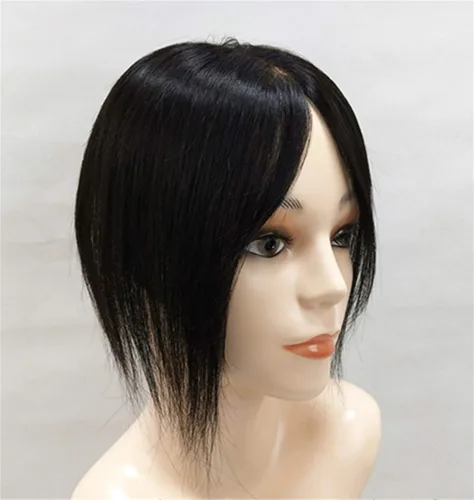 Vista 2 de Real Human Hair Nano Mono Hair Crown Topper Hairpiece Clips in Toupee Wiglet for Thinning Hair, 6 inches Dark Brown