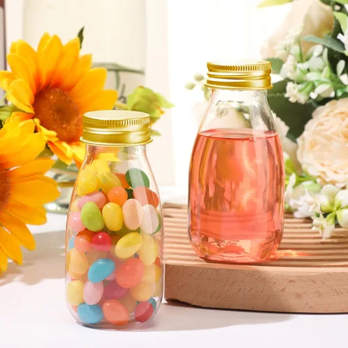Vista 5 de Roshtia Paquete de 30 mini botellas de leche de plástico de 4 onzas (4.1 fl oz), botellas de jugo a granel con tapas, recipientes pequeños