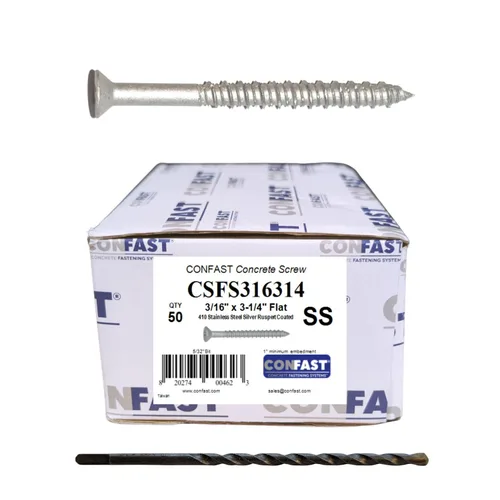 Vista 11 de CONFAST Tornillos para concreto de 1/4" x 1-3/4" de acero inoxidable 410 Phillips planos con cabeza cuadrada cóncava con broca para anclaje a