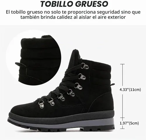 Vista 4 de FRACORA Botas de combate para mujer, con cordones, botas de nieve, botas de invierno con cremallera lateral, botines de moda Negro
