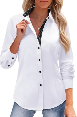 Vista 13 de siliteelon Camisas con botones para mujer, camisas de vestir de algodón de manga larga para mujer, sin arrugas, blusa de trabajo elástica