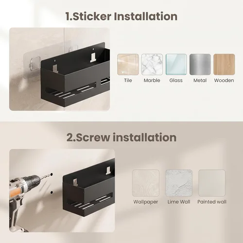 Vista 4 de Paquete de 2 estantes adhesivos para baño, baske de metal negro