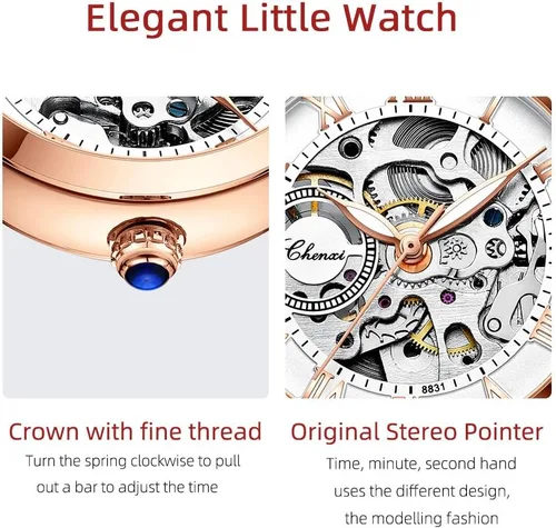 Vista 2 de MASTOP Relojes de mujer de zafiro automáticos Steampunk de cuerda automática mecánicos con pulsera de oro, reloj de esqueleto para mujer con correa
