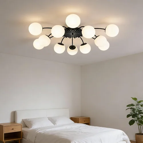 Vista 4 de Lámpara de araña Sputnik de 12 luces, color negro con burbujas de vidrio de leche Luces de techo semi empotradas, acento de flor, Art Deco