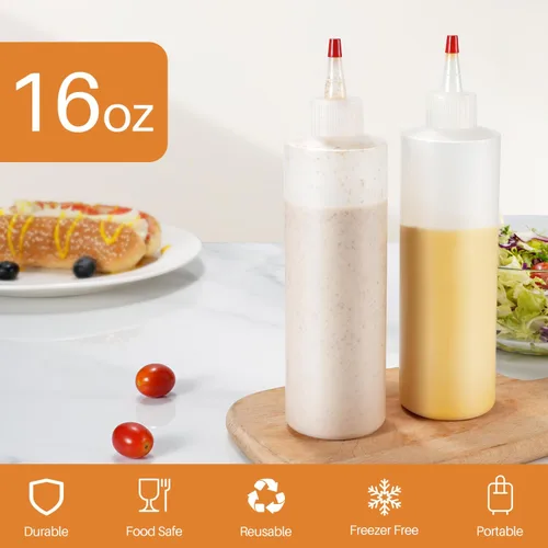 Vista 2 de Sopito Botellas exprimibles, botellas de plástico para condimentos de 16 onzas con etiquetas, embudos y cepillo para líquidos, salsas, aceite