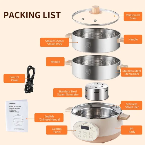 Vista 8 de Joydeem Vaporizador eléctrico de alimentos para cocinar, vaporizadores de verduras y alimentos de acero inoxidable de 2 niveles, gran capacidad