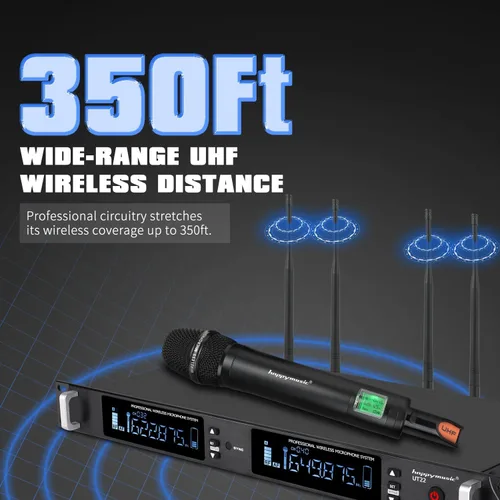 Vista 4 de Sistema de micrófono inalámbrico UHF profesional, micrófono de metal de 2 canales, juego de 2 micrófonos inalámbricos de mano, escaneo automático, 2