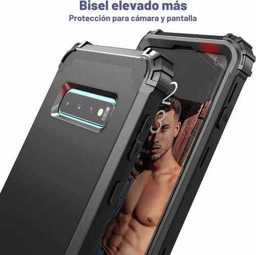 Vista 6 de IDweel Funda para Galaxy S10 Plus, 3 en 1, a prueba de golpes, delgada, híbrida, resistente, protección de policarbonato duro, silicona suave Negro