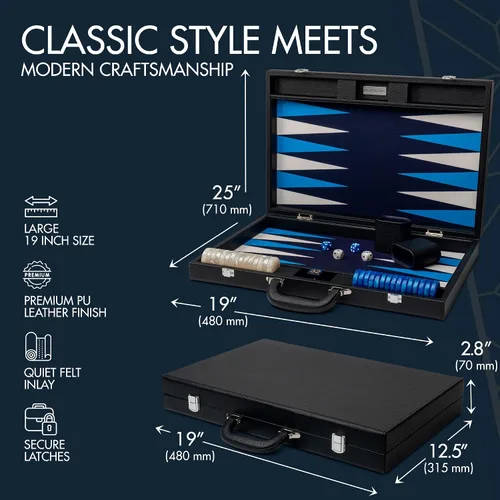 Vista 3 de Pointworks Juego de Backgammon Premium de 19 Pulgadas para Adultos de Cuero Negro - Azul. Juego de Fichas y Dados Premium de 1.6 Pulgadas, Juego