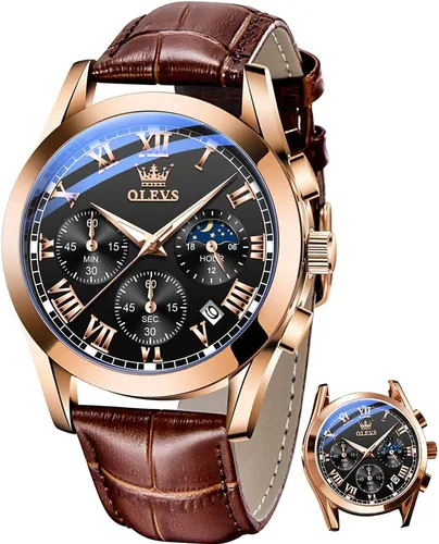 Vista 12 de OLEVS Watch for Men Chronograph Brown Leather Analog Quartz Fashion Business Dress Large Face Men Watch Day Date Luminous Waterproof Casual Male