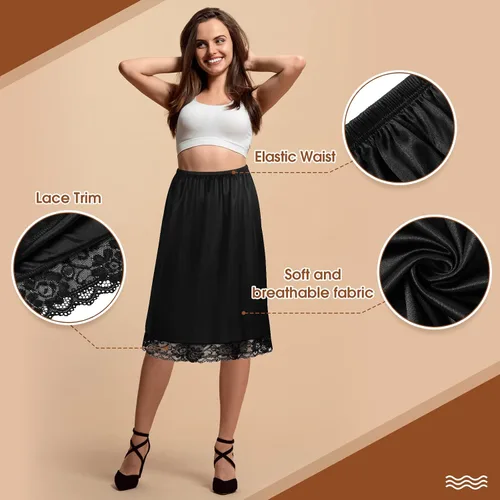 Vista 3 de Zhanmai 3 piezas de medias ranuras para debajo de los vestidos, falda extensores, falda para mujer, medio deslizante, satén, antiestática, encaje