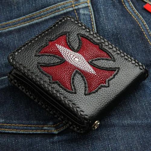 Vista 4 de Cartera de cuero con cruz roja para hombre, talla mediana (1417), Rojo -, Cartera