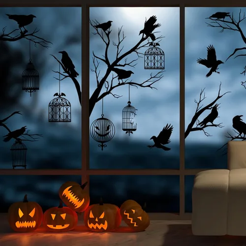 Vista 5 de AnyDesign Calcomanías para ventana de Halloween, 9 hojas de calcomanías de ventana de jaula de cuervo negro, de doble cara extraíble para fiesta