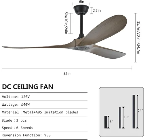 Vista 7 de Ventilador de techo de 52 pulgadas sin luz, ventilador de techo para exteriores con control remoto, 3 cuchillas de plástico con gran flujo de aire