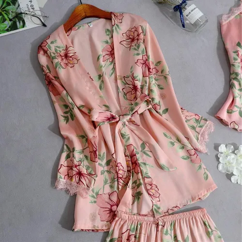 Vista 3 de NSQFKALL Pijama de satén de seda para mujer, conjunto de ropa de dormir, ropa de dormir, bata de vestir con cuello en V, bata sexy de encaje, rosa 2