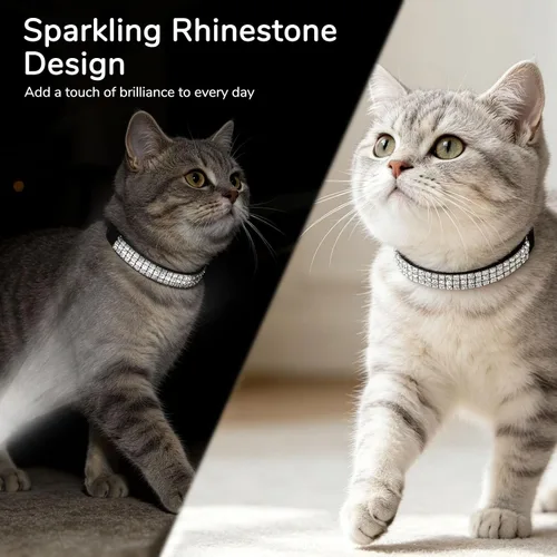 Vista 3 de BINGPET collar ajustable para gatos, de terciopelo suave, seguro, collares Bling diamante con cascabel, Adjustable, Negro Negro
