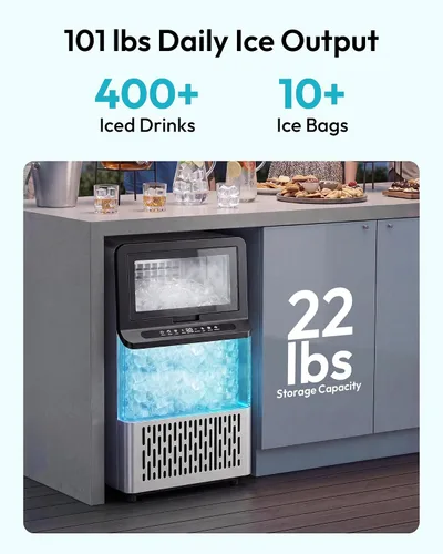 Vista 3 de EUHOMY Máquina comercial para hacer hielo, 101 libras/24 horas, máquina de hielo de acero inoxidable debajo del mostrador con almacenamiento de 22