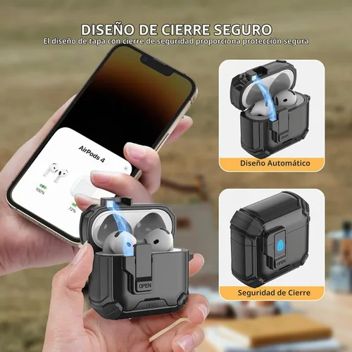 Vista 2 de Meliya Funda para AirPods 4, viene con soporte para teléfono y función MagSafe, funda rígida de protección completa automática emergente con bloqueo