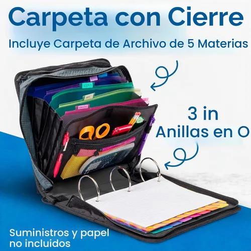 Vista 2 de Case-it Mighty Zip Tab - Carpeta escolar con cremallera Anillos tóricos de 3 pulgadas, capacidad de 600 hojas, carpeta de archivos expandible de 5