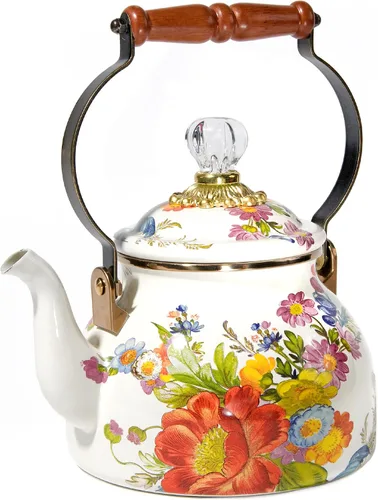 Vista 13 de MACKENZIE-CHILDS Tetera de Esmalte, Tetera Bonita para Estufa, 2 Cuartos, Rosa Silvestre Marrón Diseño aplicado a mano, hecho de acero esmaltado