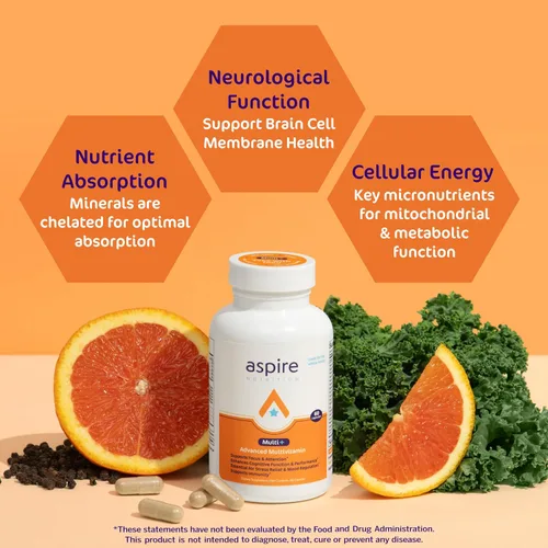 Vista 4 de Multivitamínico avanzado Aspire Multi+ para hombres, mujeres y niños - El mejor suplemento para concentración, atención, memoria, estado de ánimo.