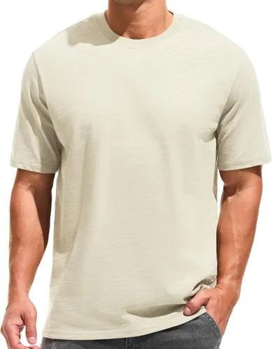 Vista 21 de KLIEGOU - Camiseta de cuello redondo para hombre, 100 % algodón, ajuste holgado, gruesa, de peso pesado