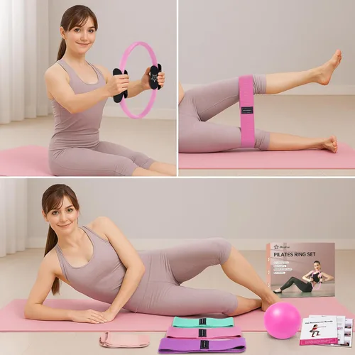 Vista 6 de Kit esencial de pilates para mujeres caseras, juego de anillos y pelotas, equipo de pilates para entrenamientos, 3 bandas de resistencia, calcetines