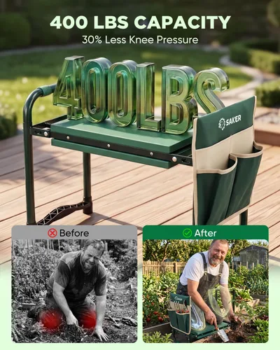 Vista 5 de Saker Taburete de jardín con soporte resistente de 400 libras, asiento de jardín plegable para plantar malezas, prácticos accesorios de jardinería