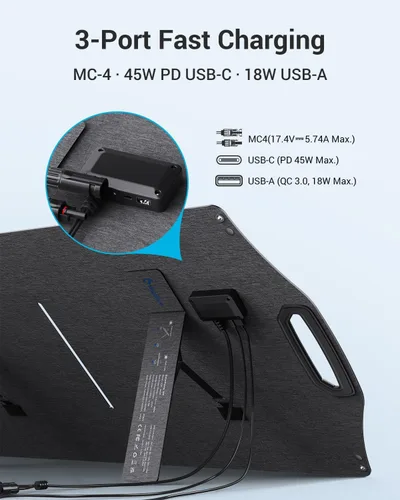 Vista 3 de BigBlue Panel Solar de 100W con USB-C (45W PD) + USB-A (Carga Rápida 18W) y Puertos MC-4, Resistente al Agua IP68, Accesorios Esenciales